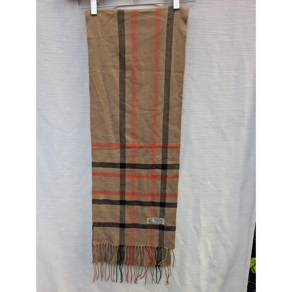 Italian Design Cashmere Blend Scarf Tan Orange Plaid‎ Fringe Preppy academia